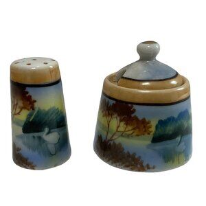 VTG HANDPAINTED SALT SHAKER AND HONEY POT WITH SWAN ON LAKE WITH TREES JAPAN